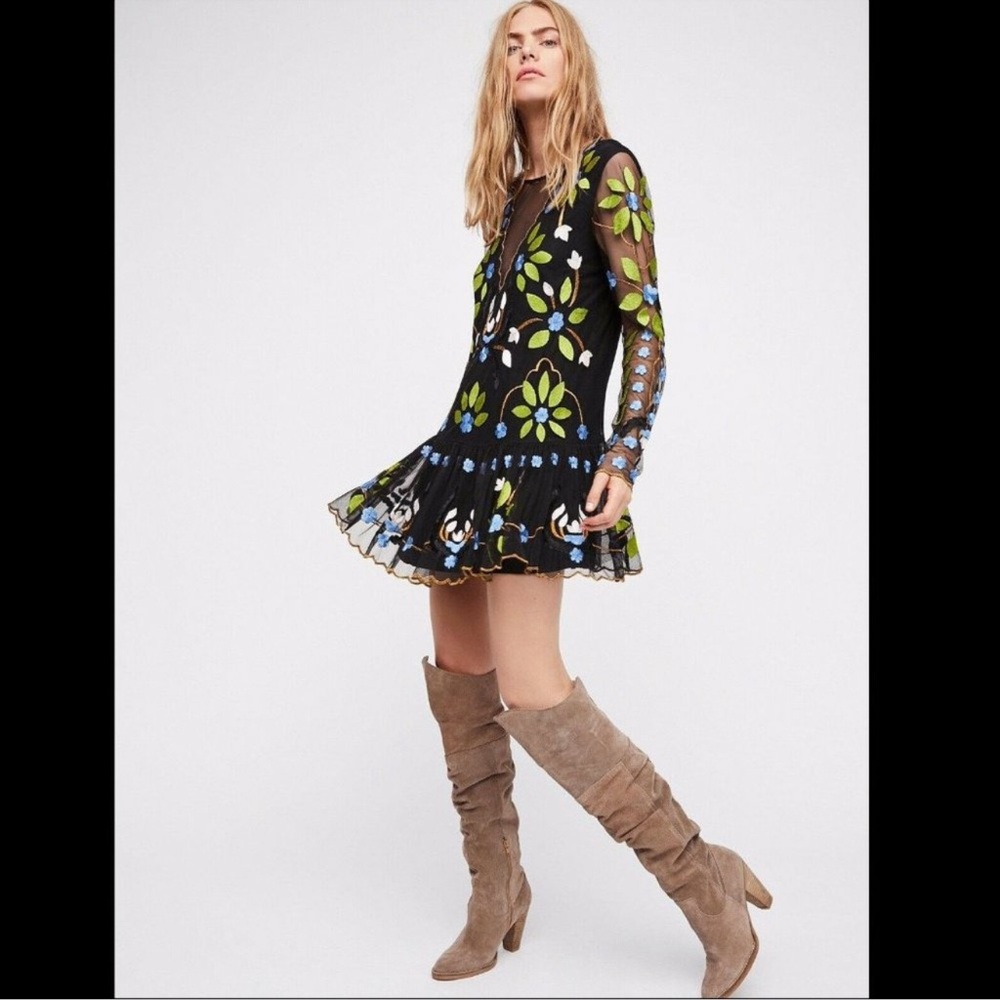 Free People Hearts are Wild Embroidered Floral Drop Waist Mini Dress Size: M - Picture 3 of 11